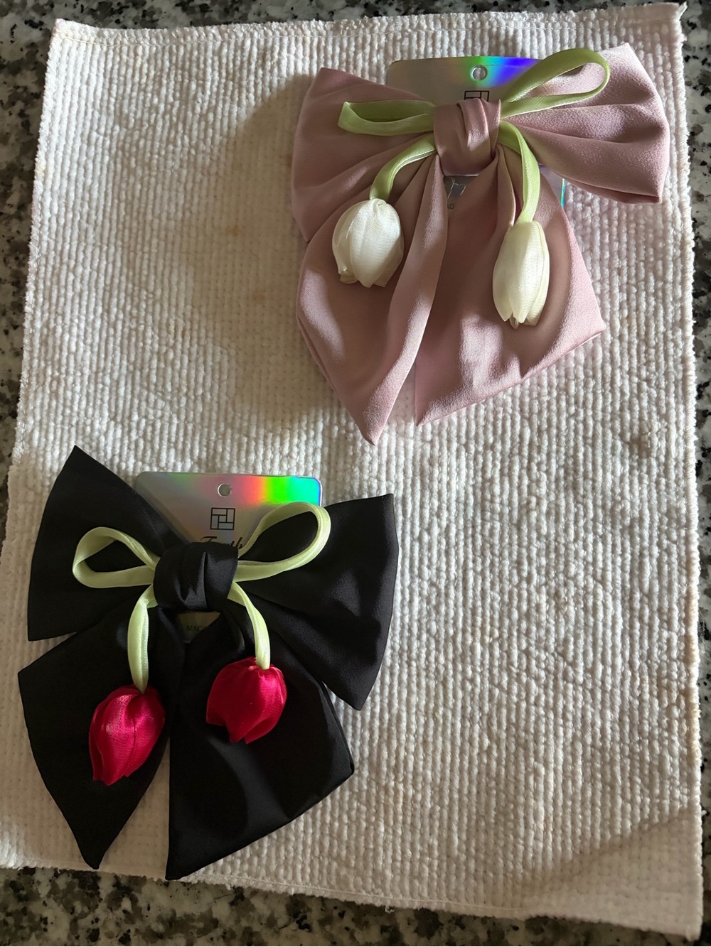 SHEIN Pink & Black Tulip Bow Hair Clips